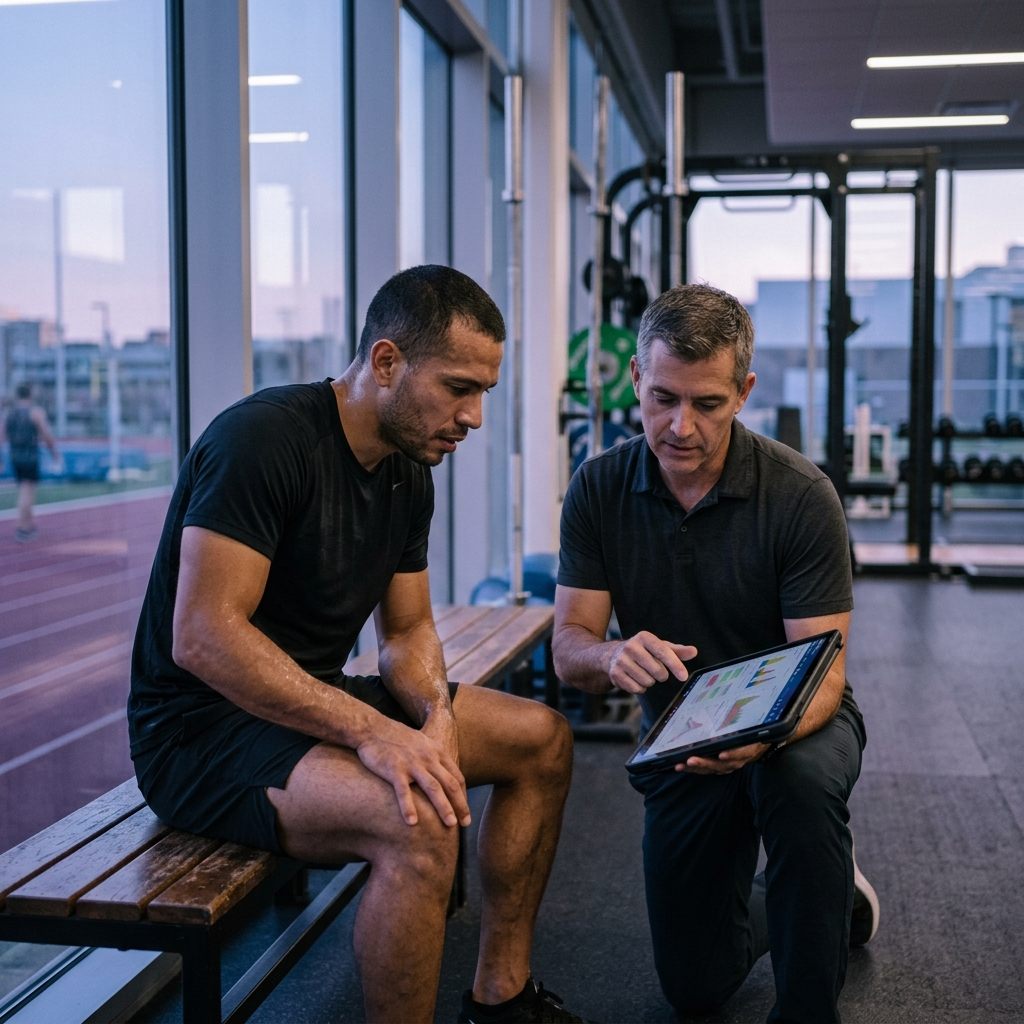 Coach de alto rendimiento revisando datos de desempeño con un atleta profesional